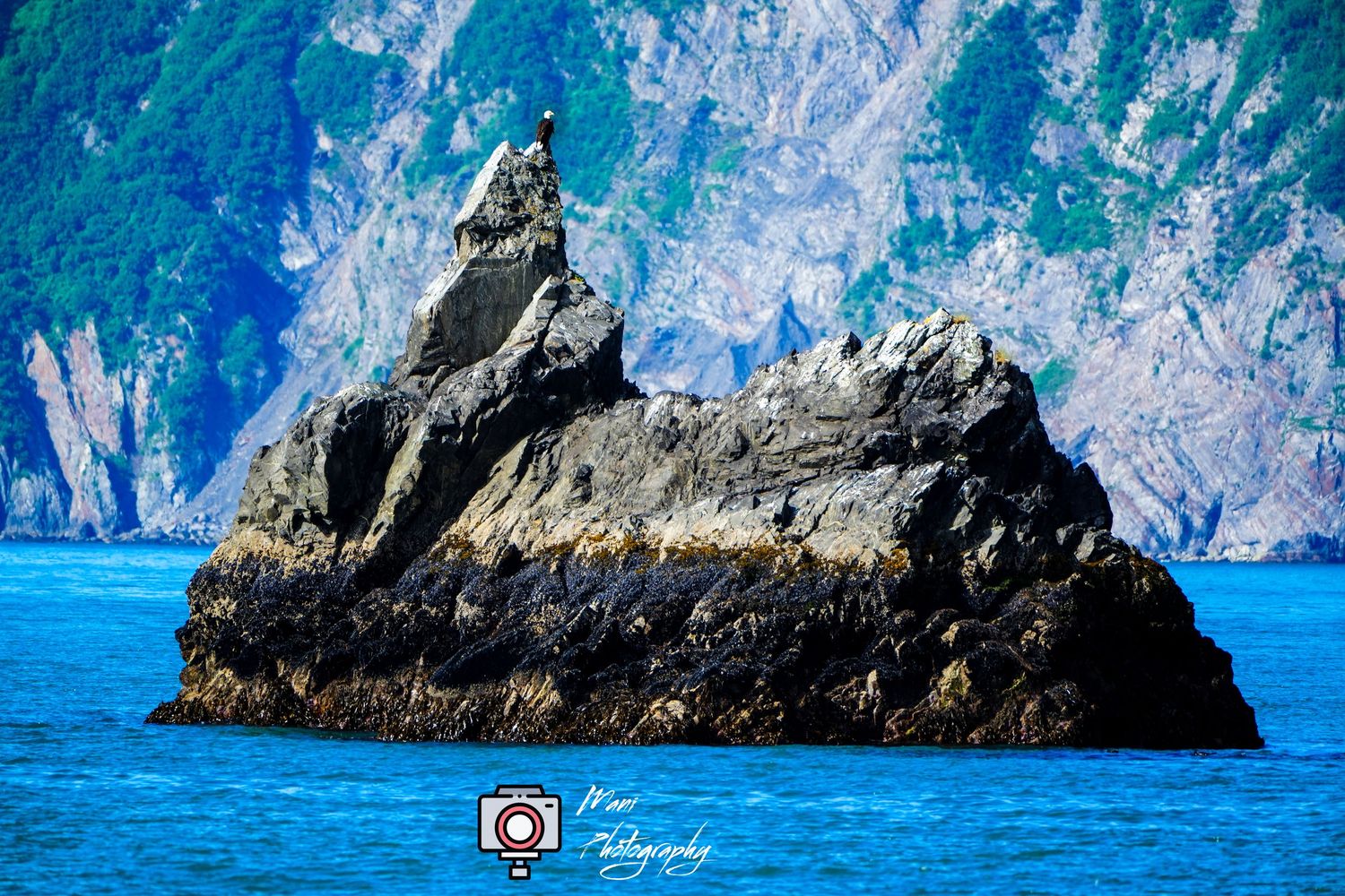 A dramatic rocky sea stack rises from vivid blue ocean waters against a lush green mountainside backdrop.