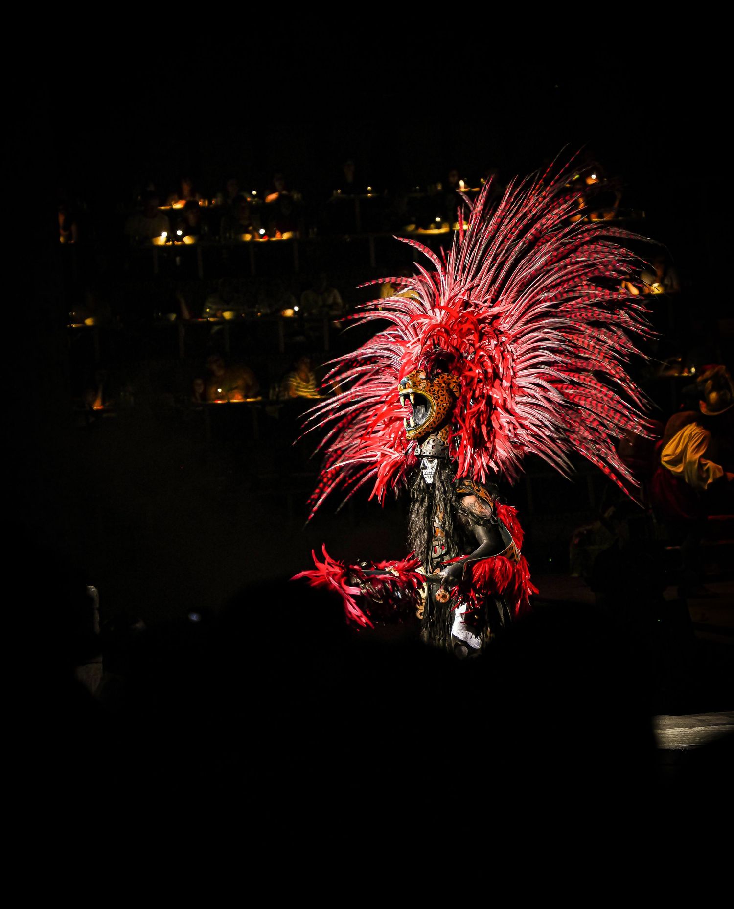 Performer in vibrant red feathered headdress and ornate costume dancing at a nighttime cultural festival.