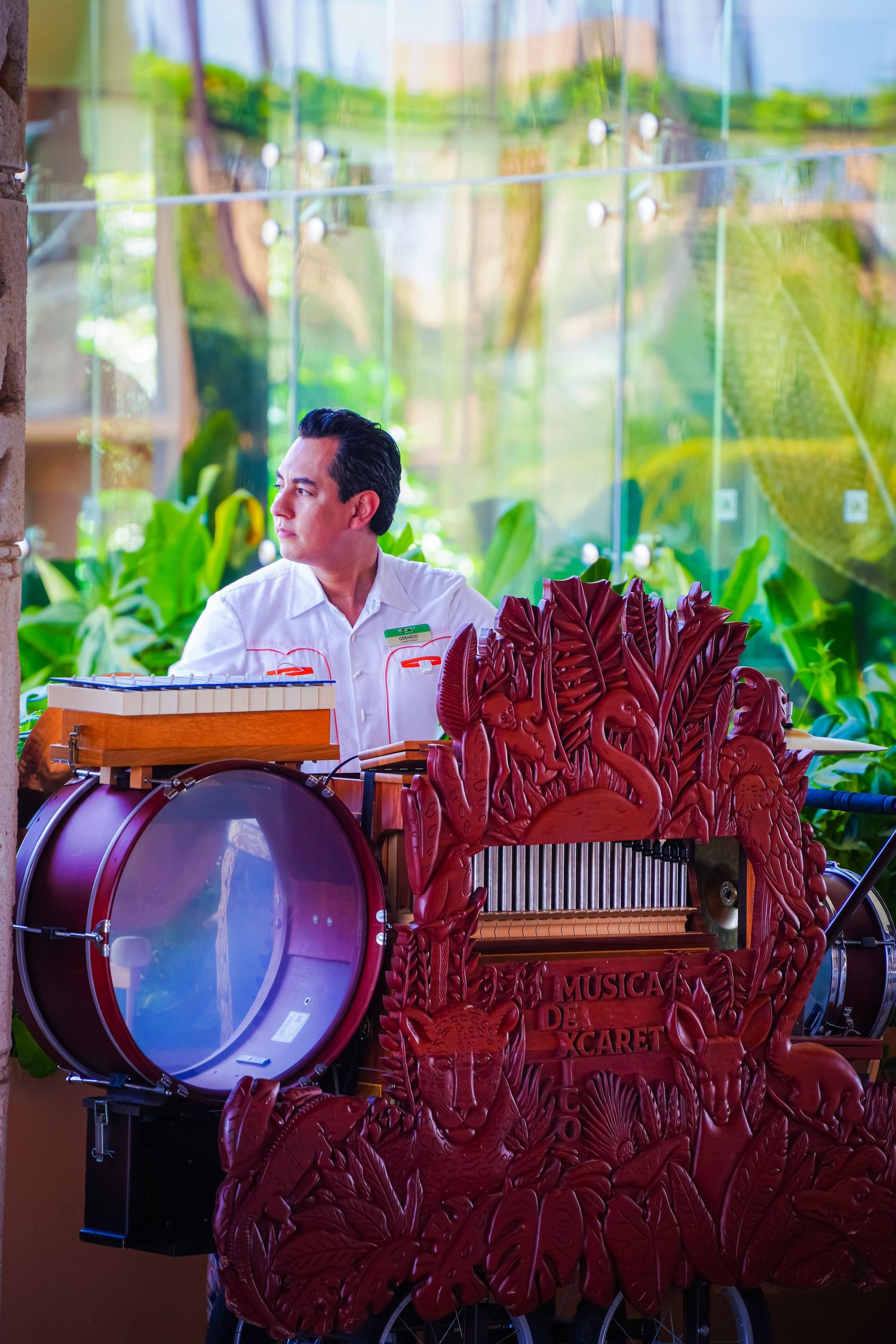 Musician playing accordion and drums at a tropical venue with lush green foliage in the background.