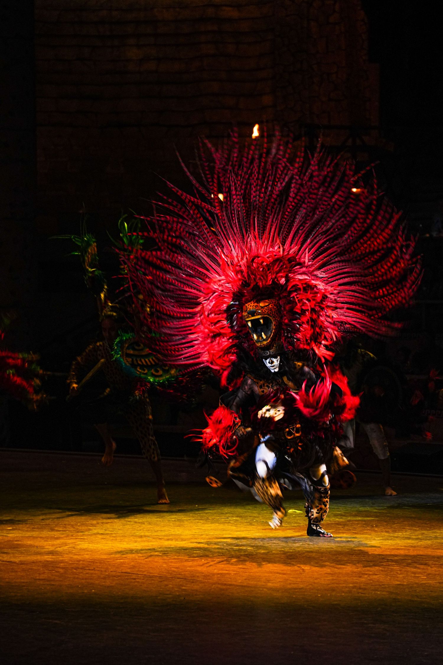 Performer in vibrant red feathered costume and fierce mask dancing in traditional cultural performance under dramatic lighting.