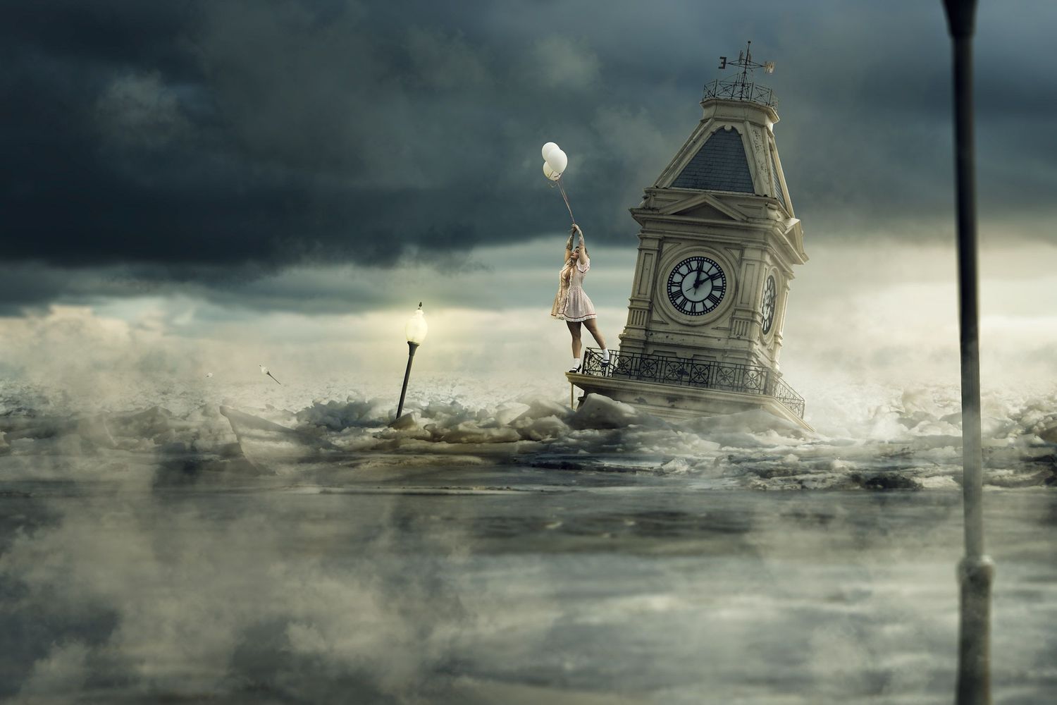 Surreal digital art of a girl holding a balloon near a flooded clock tower under stormy skies.