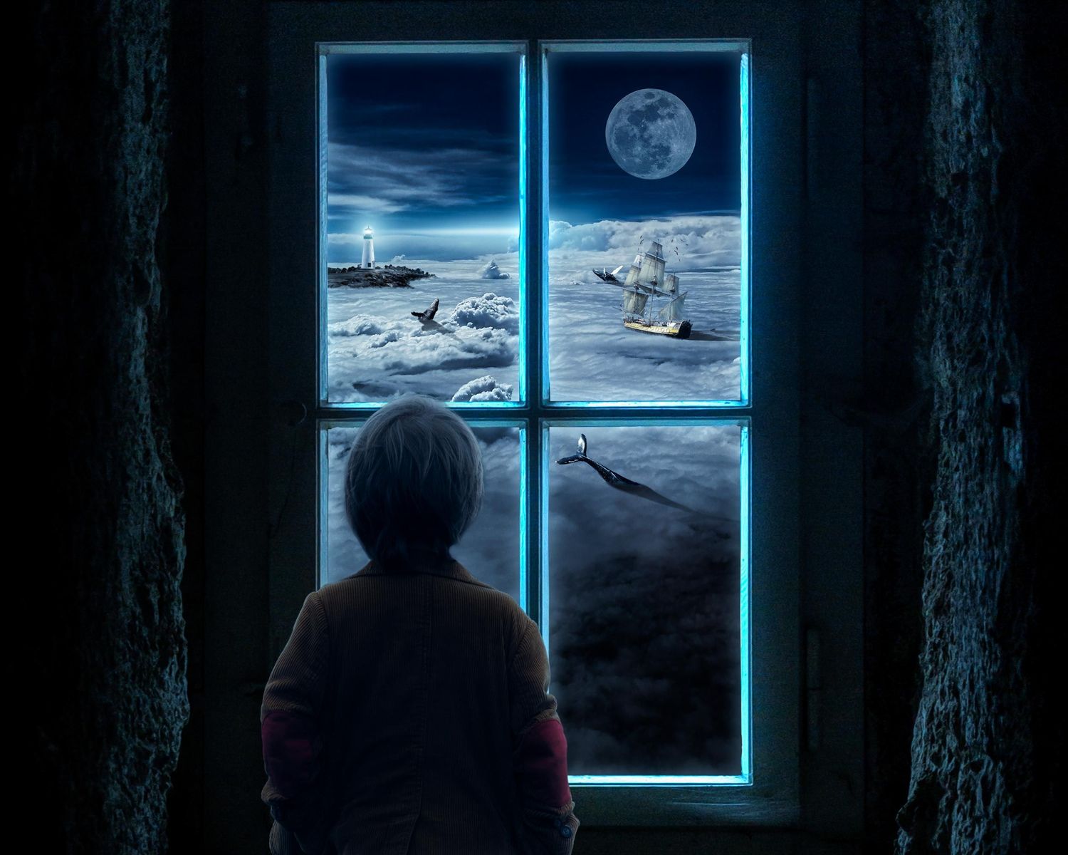 Child gazing through glowing blue window at moonlit ocean scene with whales, sailing ship, and lighthouse at night.