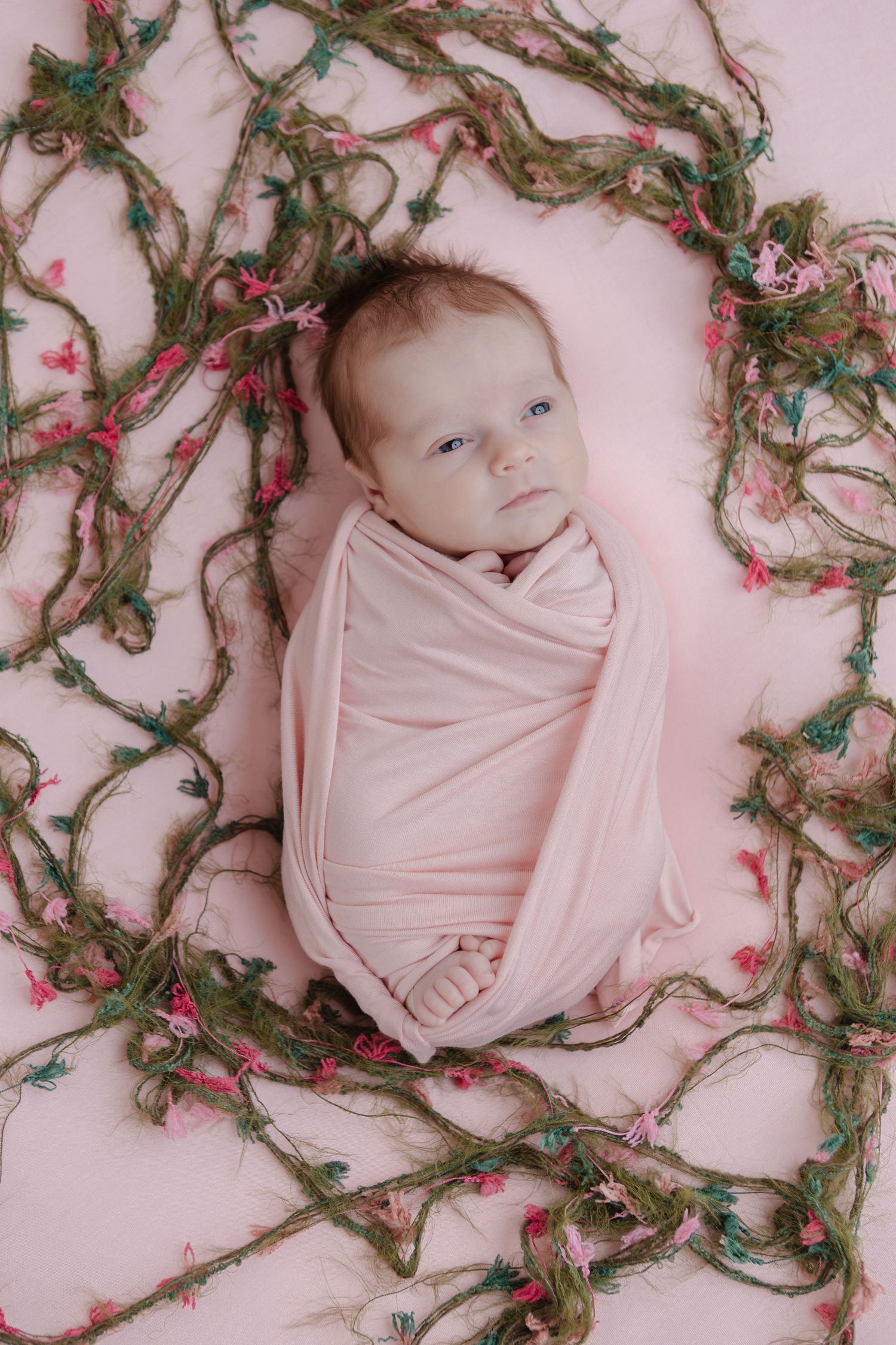 Newborn baby wrapped in pink swaddle, gazing upward, surrounded by green vines with colorful flowers.