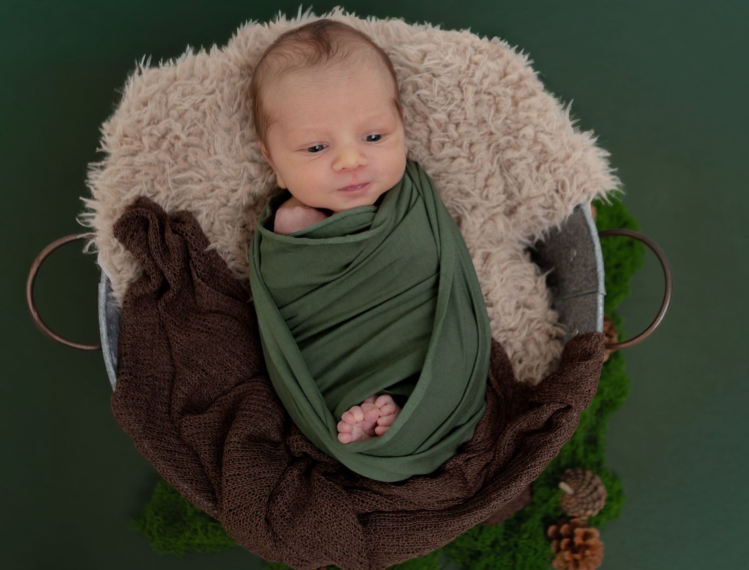 Alert newborn baby swaddled in green wrap nestled in a basket with fur lining on green background.