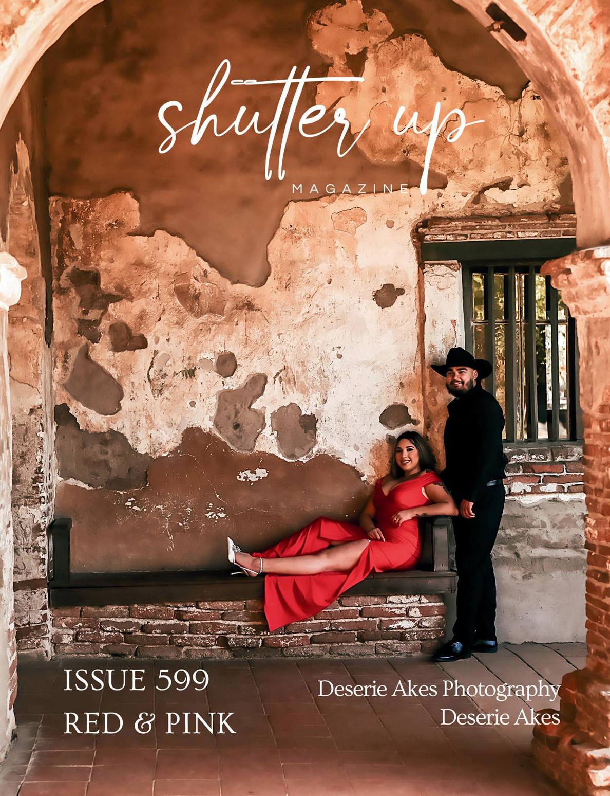 Couple posing at historic mission ruins on Shutter Up Magazine Issue 599 Red and Pink cover.