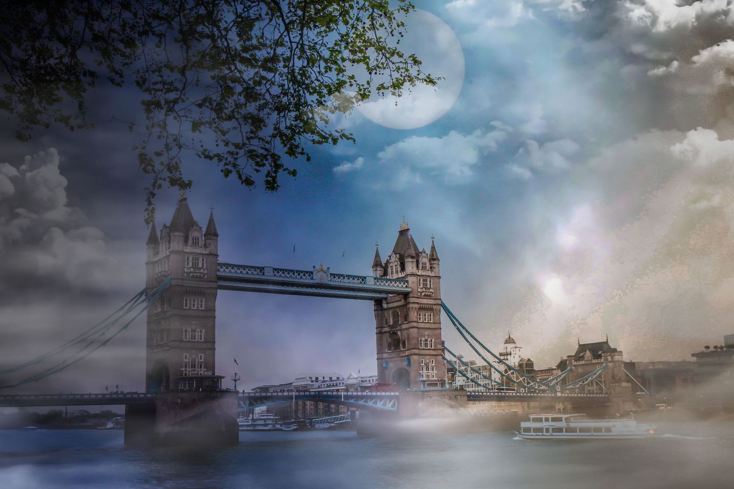 Dramatic panorama of London's Tower Bridge on a cloudy day with sunlight breaking through the moody sky.