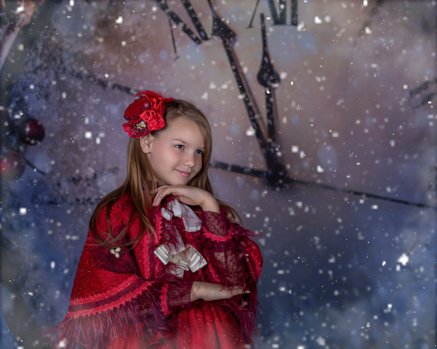 Snowy winter scene with red accents and magical lighting effects.
