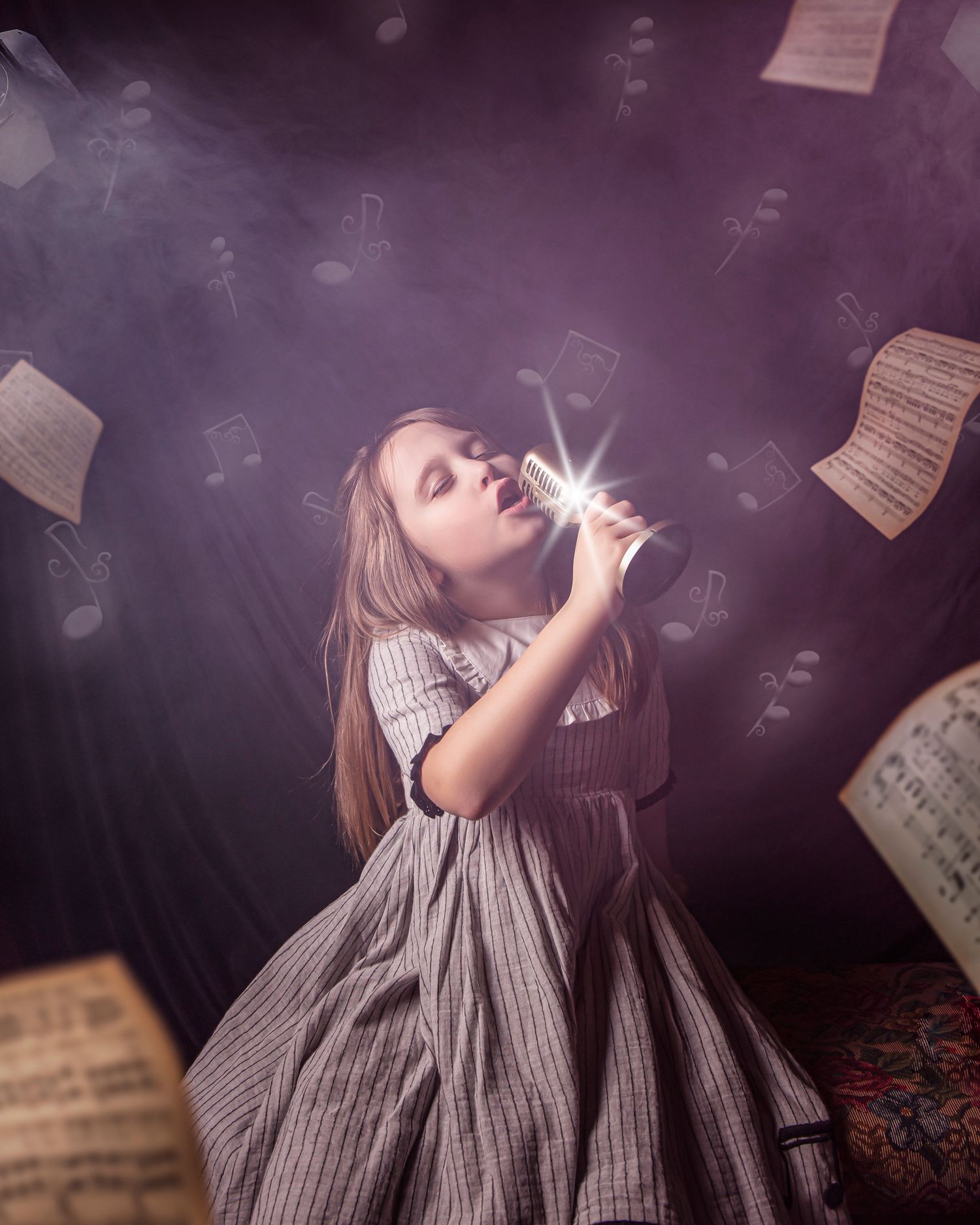 Ethereal scene with floating sheet music and a glowing light illuminating a figure in a vintage gray dress.