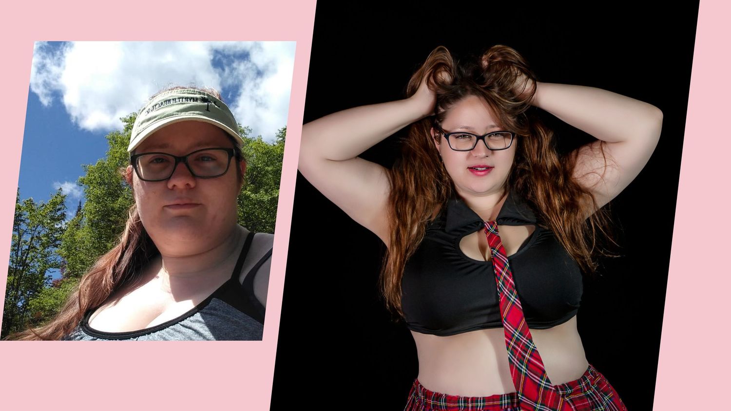 Two contrasting selfie portraits showing outdoor daytime and indoor studio lighting effects.