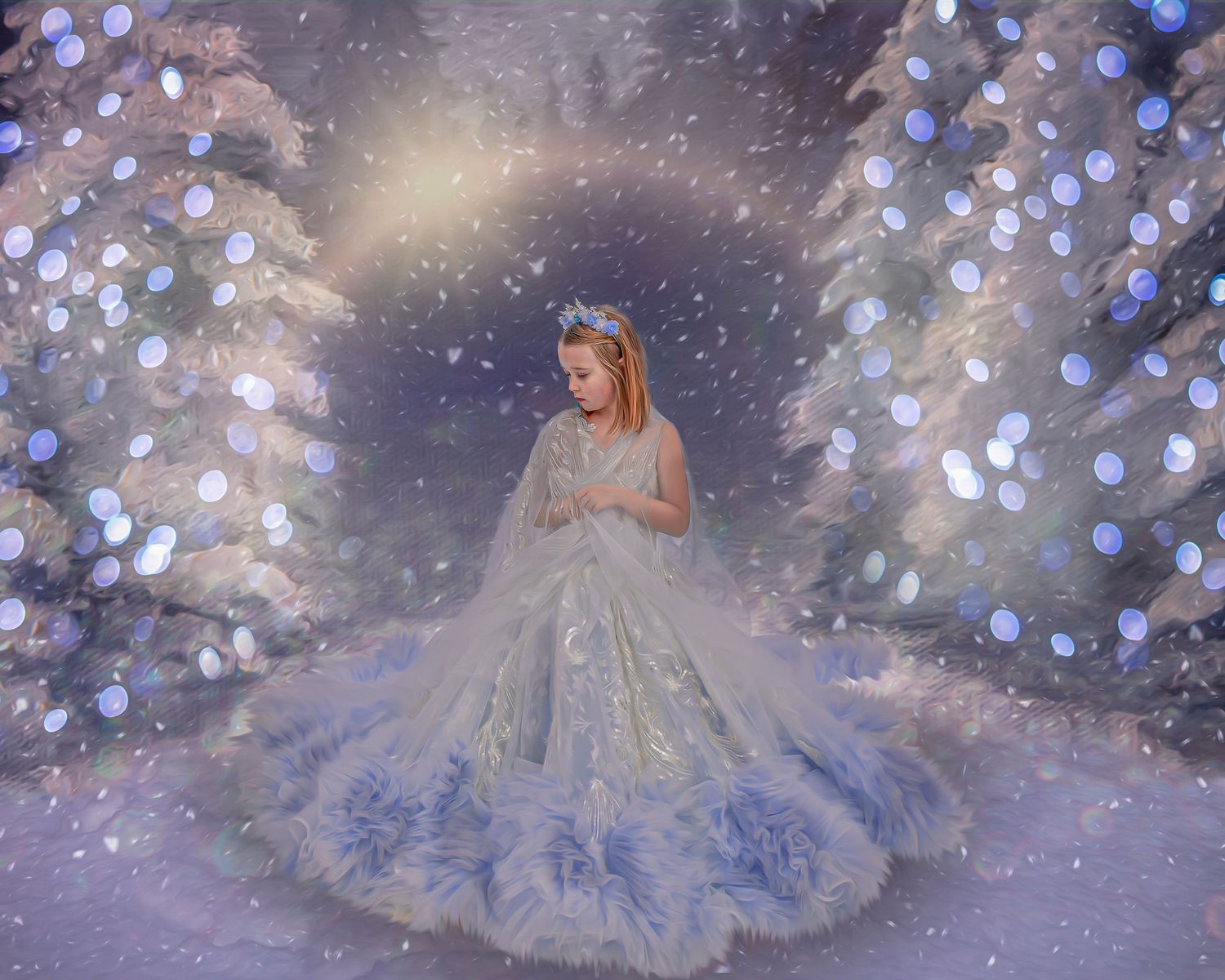 Magical winter scene with sparkling lights and flowing blue gown in snowy setting.