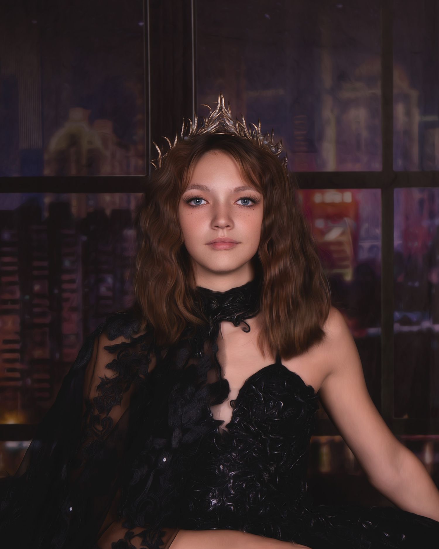 A fashion photo series showing a model in black attire against a dark cityscape backdrop.