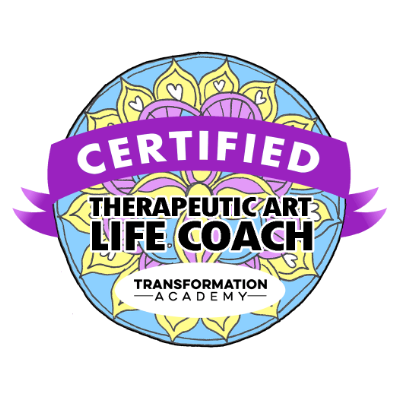 Five colorful circular certification badge logos with decorative designs for therapeutic art and life coaching services.