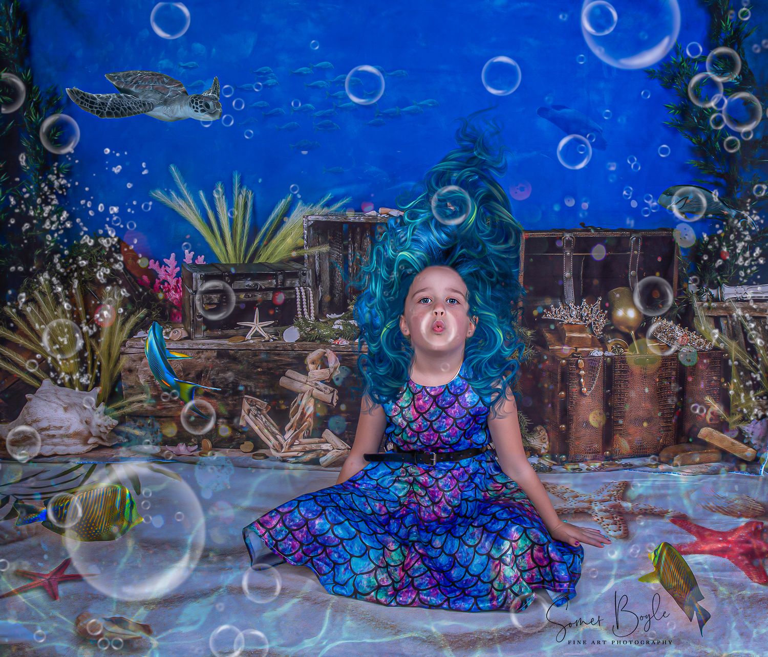 Underwater photography sequence showing bubbles and swimming motion in a vibrant blue pool setting.
