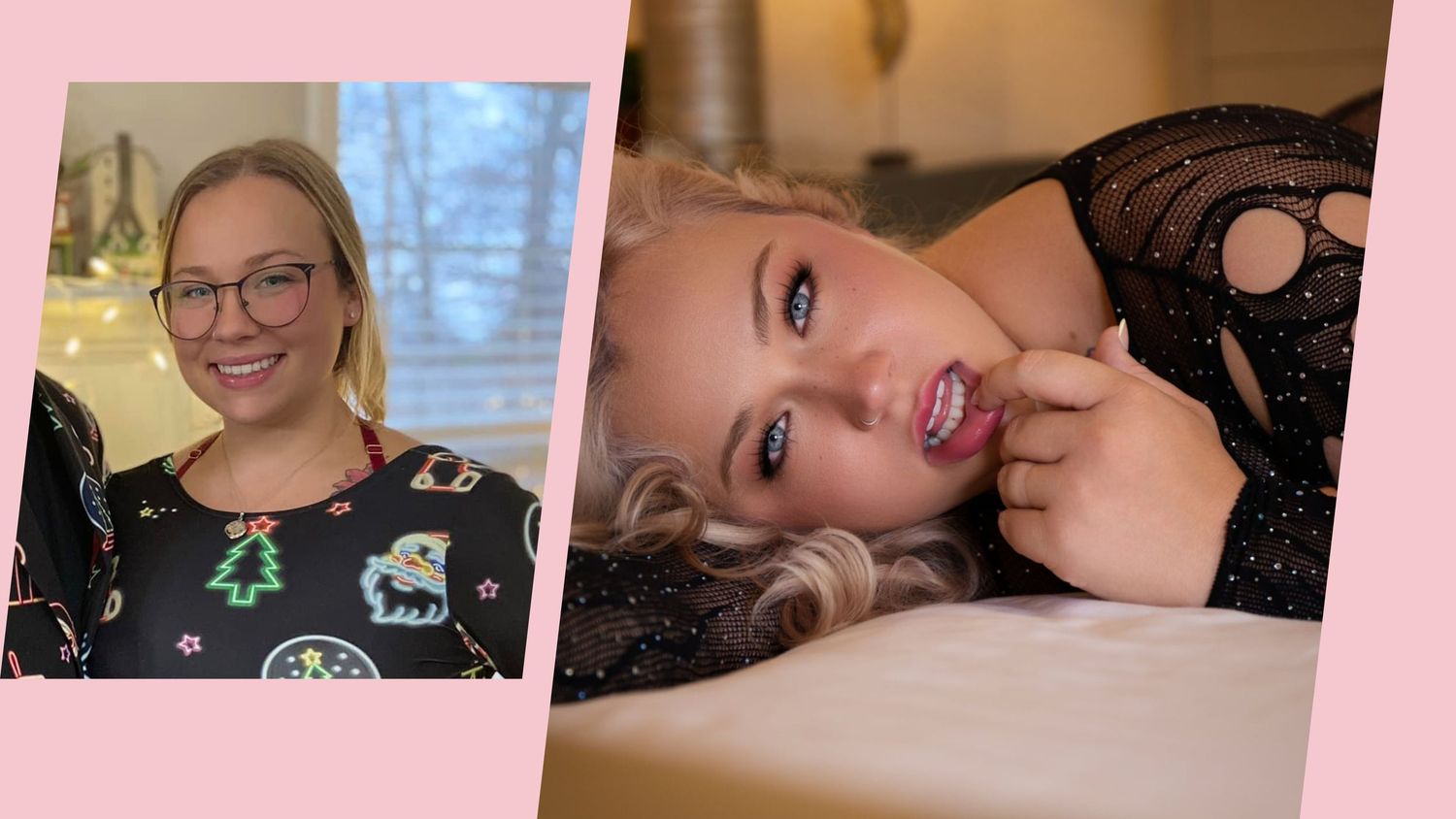 Two contrasting lifestyle photos showing casual and glamour poses against different backgrounds.