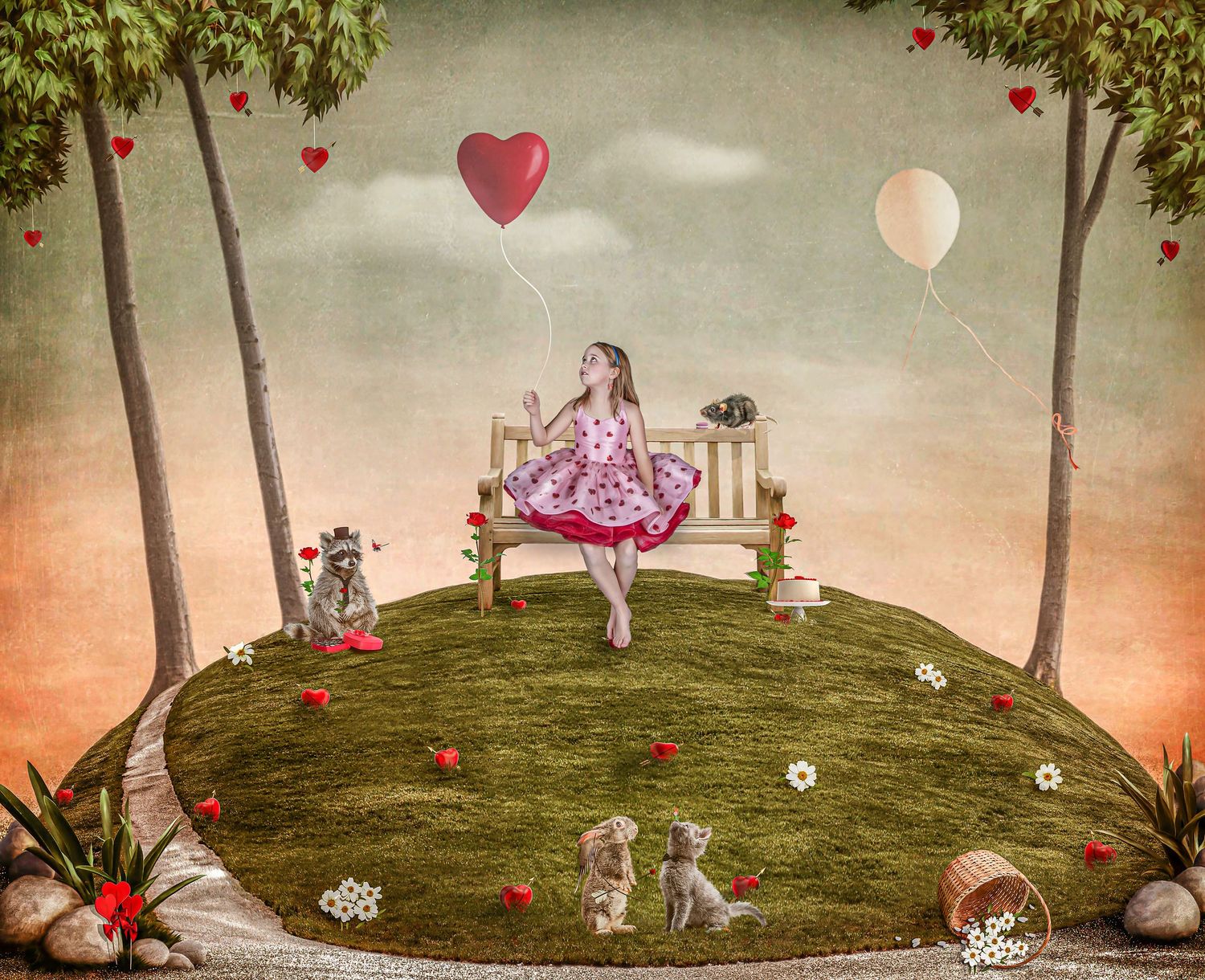 Whimsical outdoor scene with floating hearts and bunnies on a grassy hill at sunset.