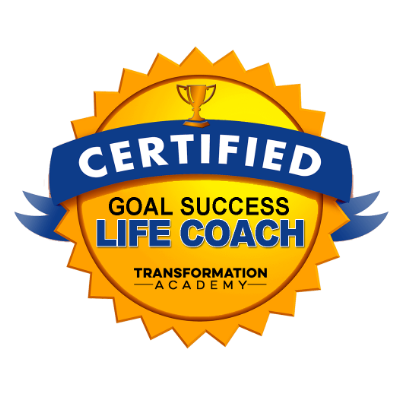 Four circular badge-style logos in gold and blue colors for life coaching and transformation academy certifications.