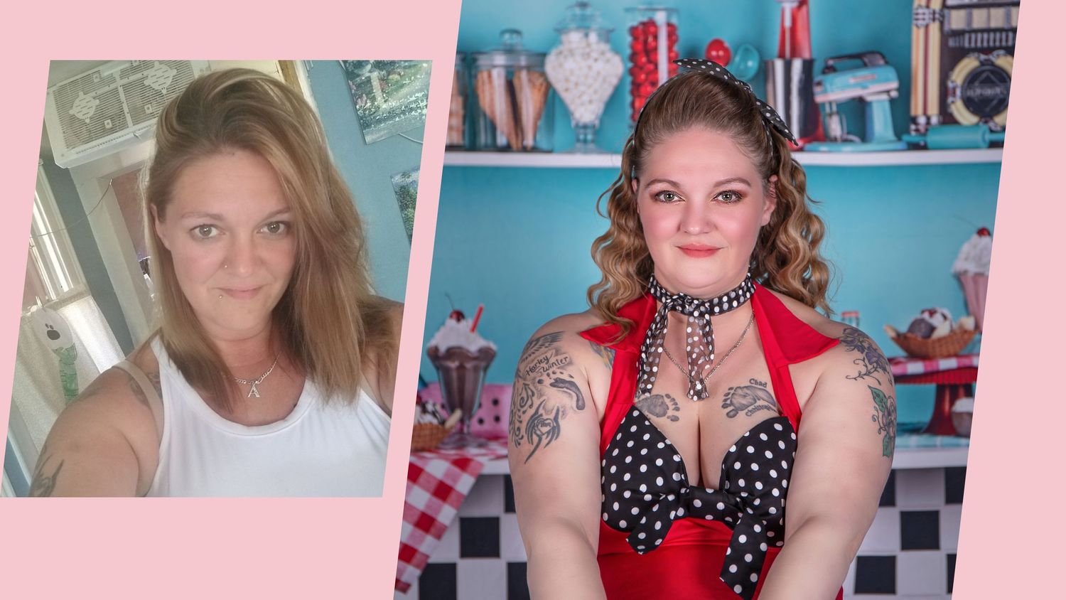 A collage of seven photos showing someone posing in a pink and blue room with retro decor and checkered patterns.