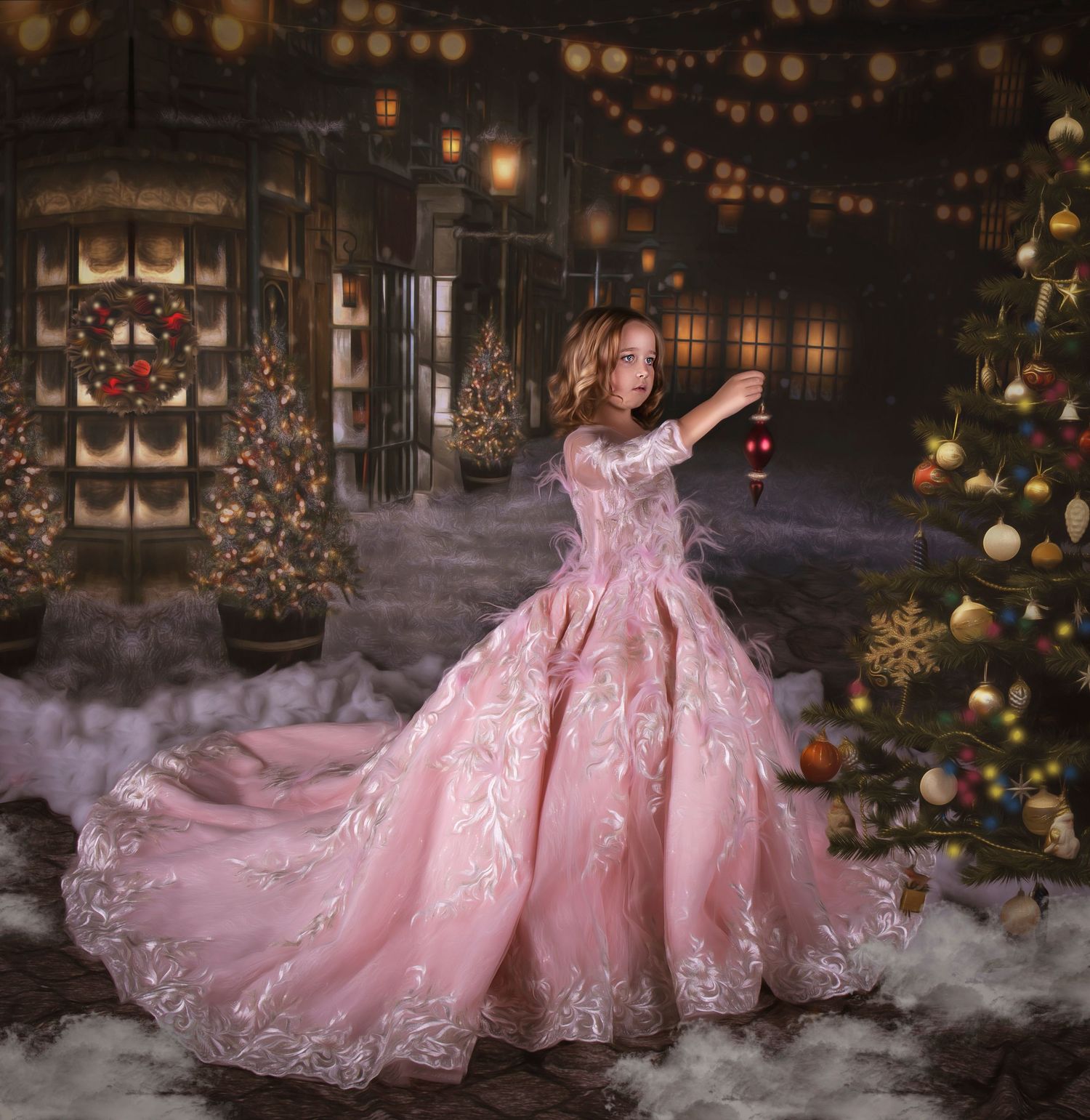 Elegant pink princess ball gown with lace details photographed in a magical holiday setting.