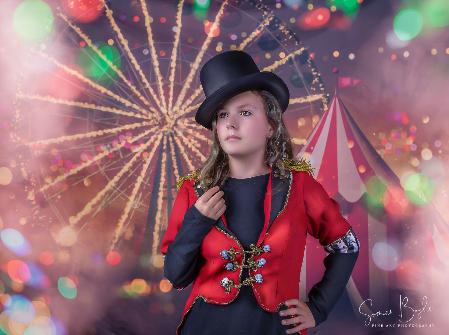 A circus-themed portrait with a red vest and black top hat against a colorful carnival background with starburst lights.