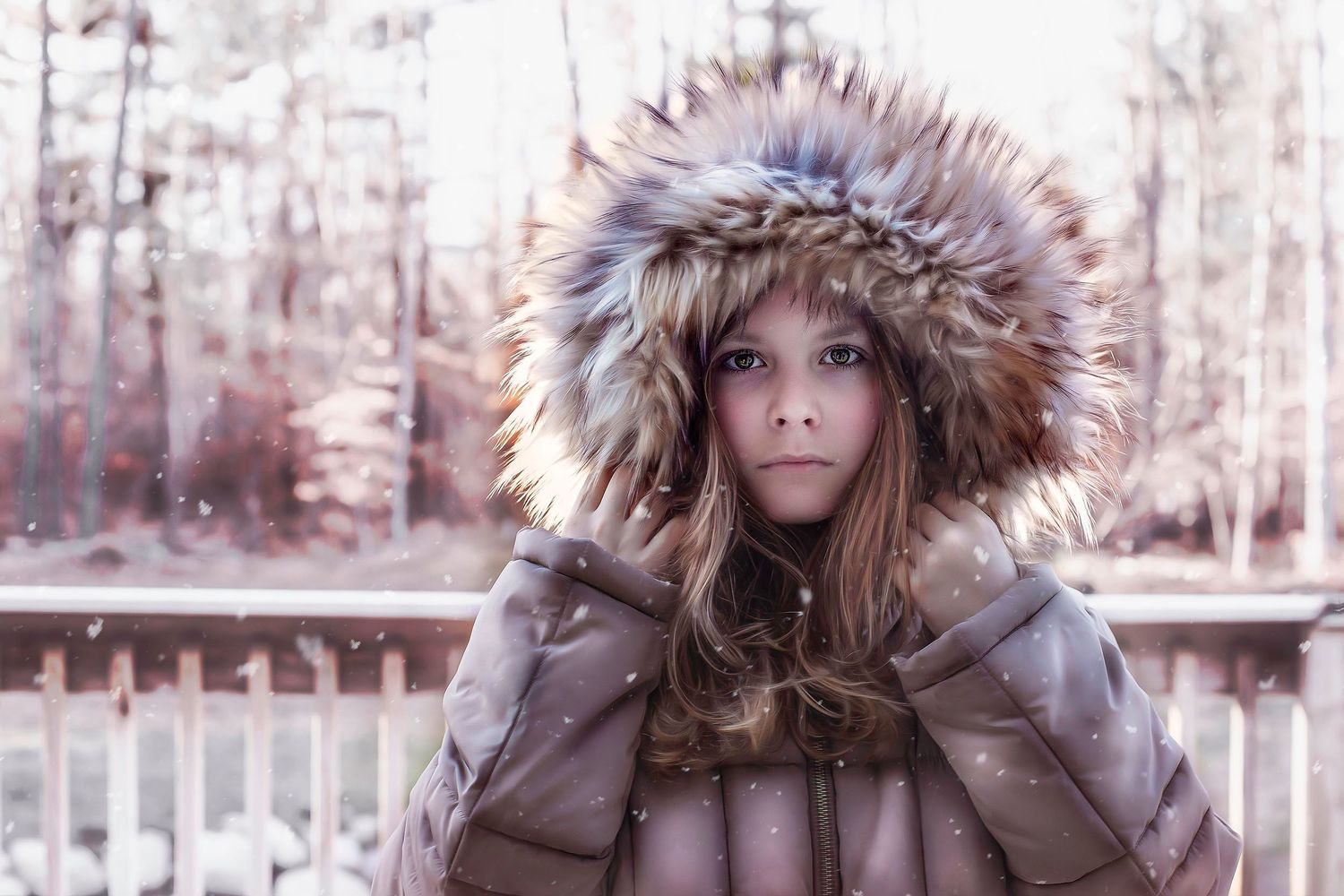 Winter portrait series showing fur-trimmed hood against snowy outdoor setting.