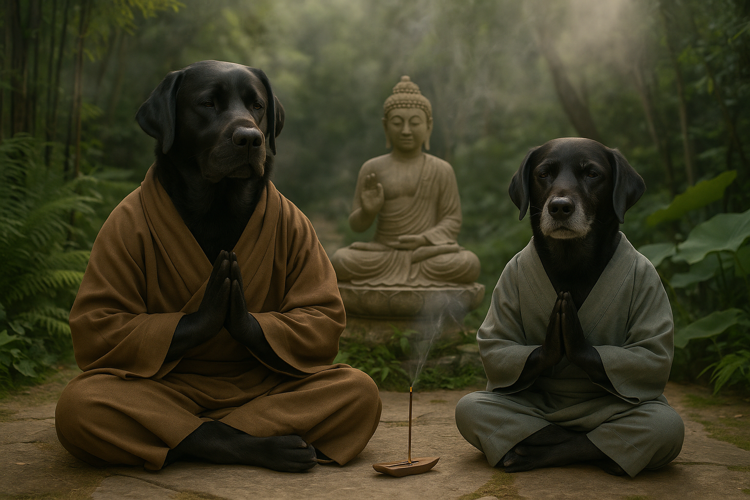 A black dog and a meditating person in traditional robes sit peacefully in a serene forest setting near a Buddha statue.