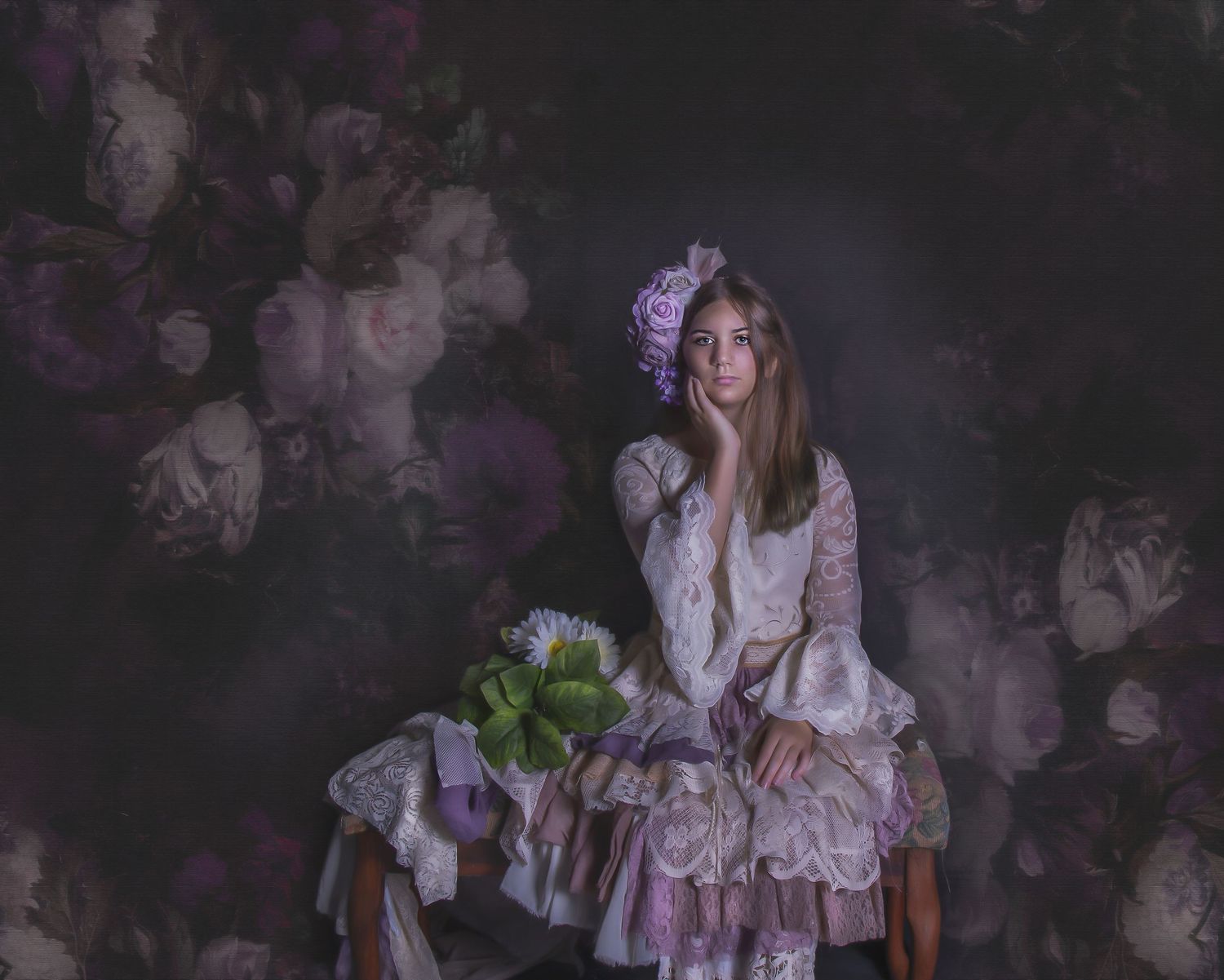 Ethereal photoshoot setup with white lace dress and dreamy purple lighting effects.