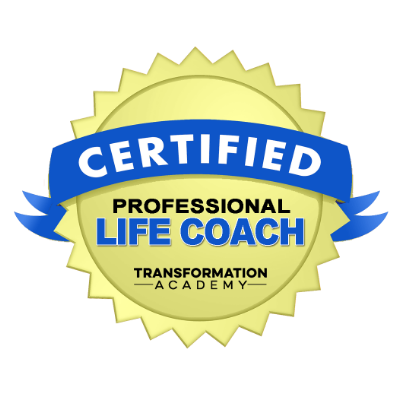 A circular yellow and blue certification badge for Professional Life Coach from Transformation Academy.