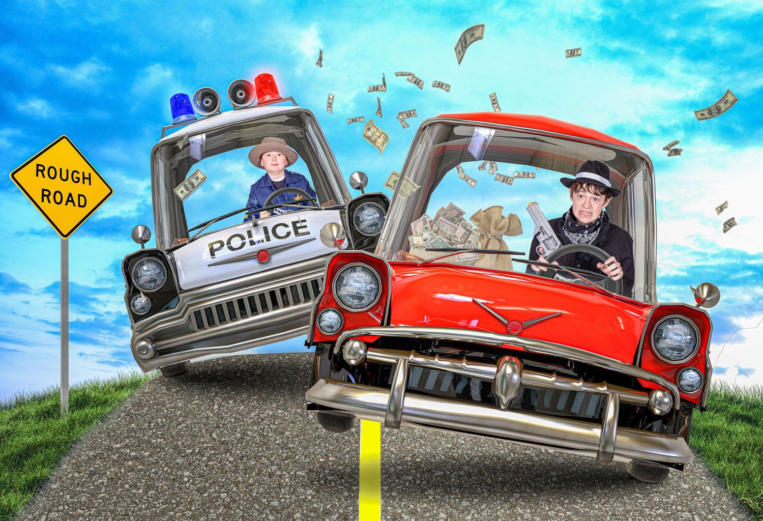 A cartoon car jumping over a series of bumps on a road with a yellow warning sign in the background.