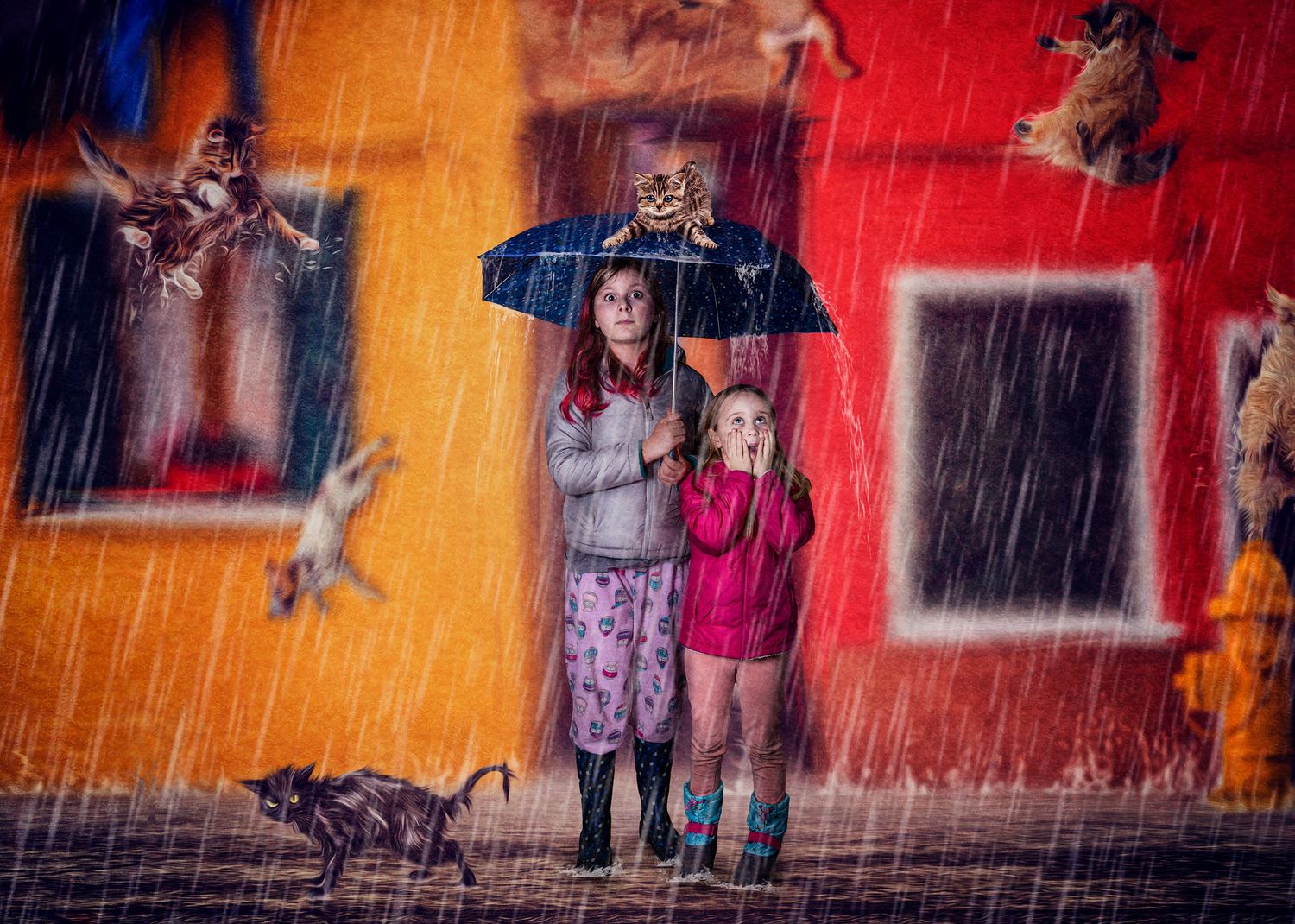 Rainy street photography with vibrant orange and red walls creating dramatic urban atmosphere.