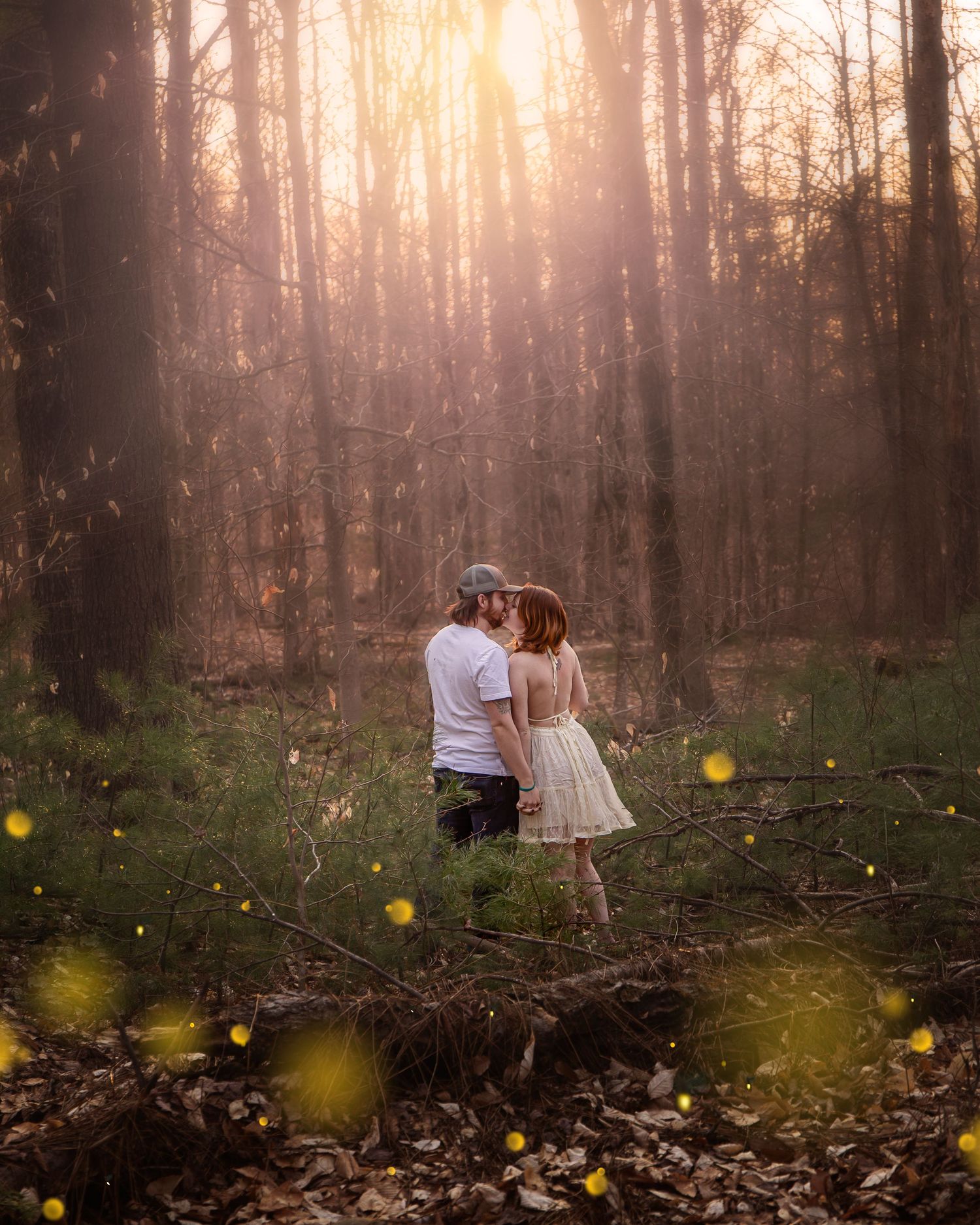 Magical forest scene with glowing fireflies creating a romantic atmosphere at dusk.