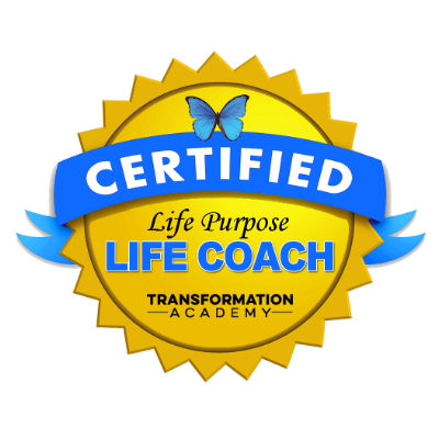 Four circular yellow and gold certification badge designs with blue accents showing life coach and transformation academy credentials.