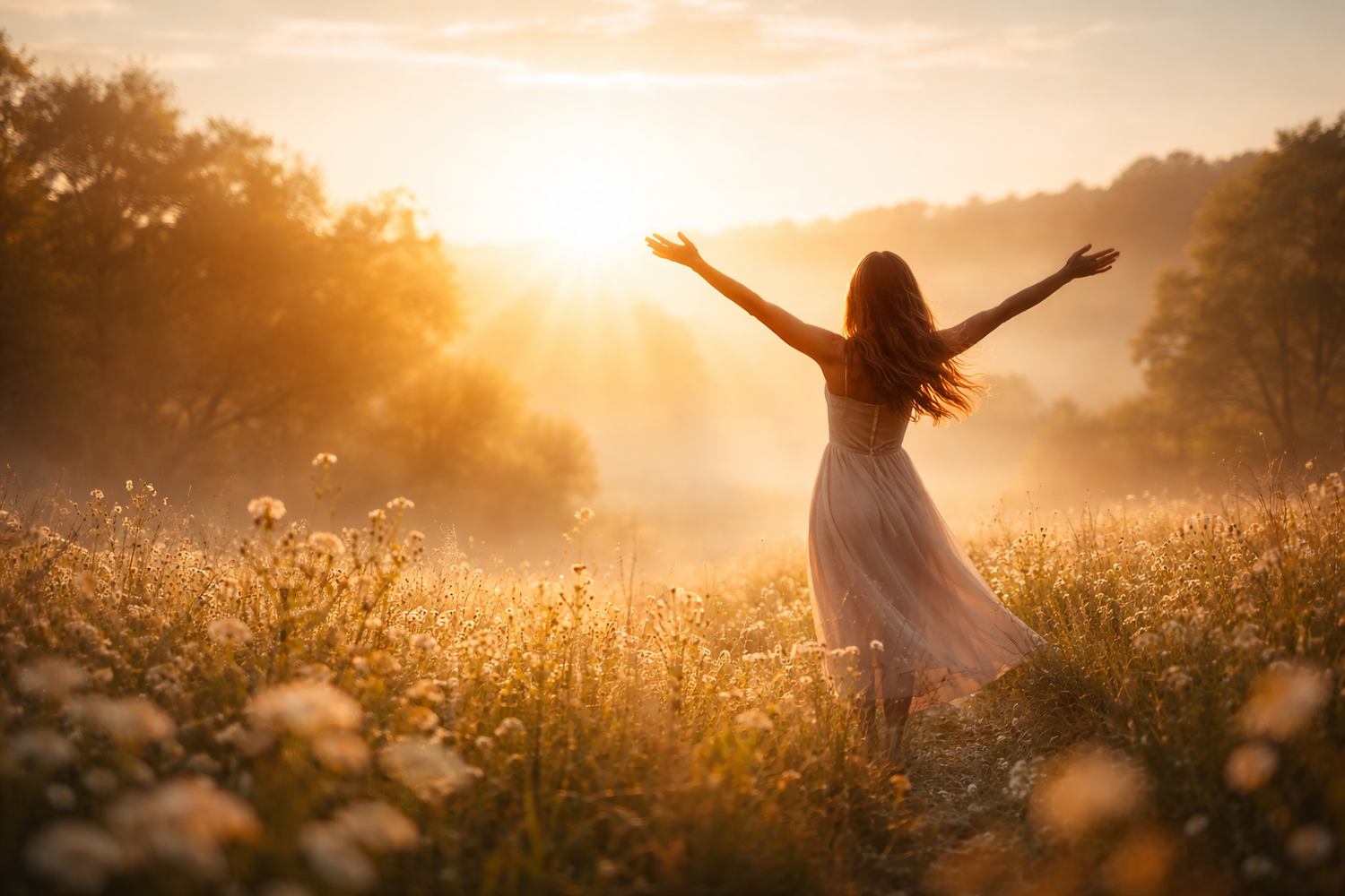 Silhouetted figure stands with outstretched arms in golden wildflower meadow at sunset.