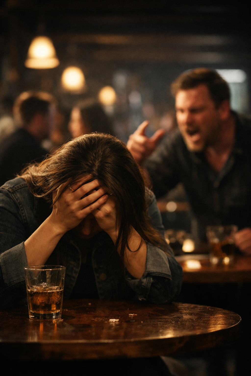 A dimly lit bar scene shows a person slumped over a wooden table with a glass of whiskey nearby.