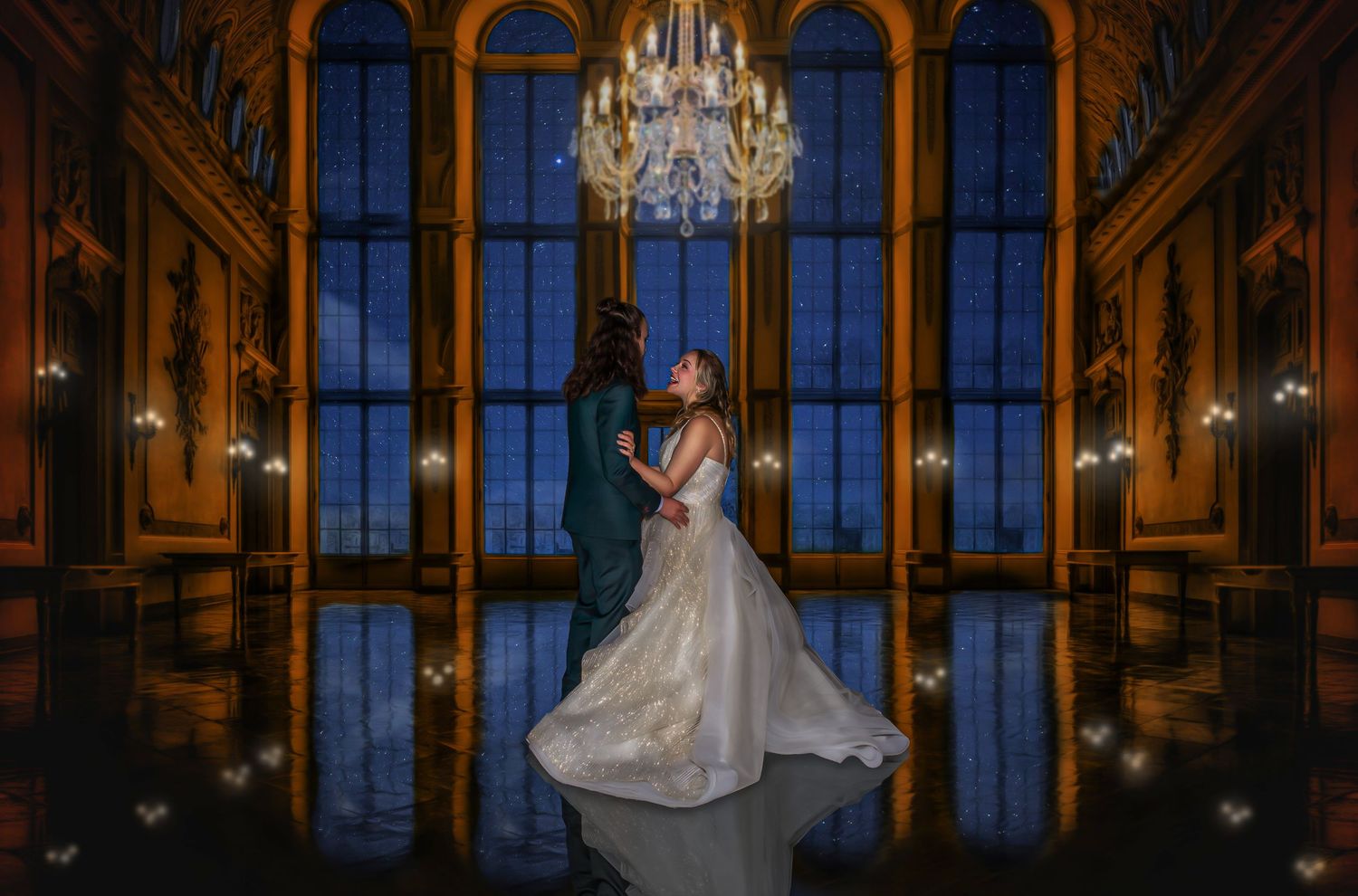 Grand ballroom interior with ornate windows, chandeliers and golden architectural details.