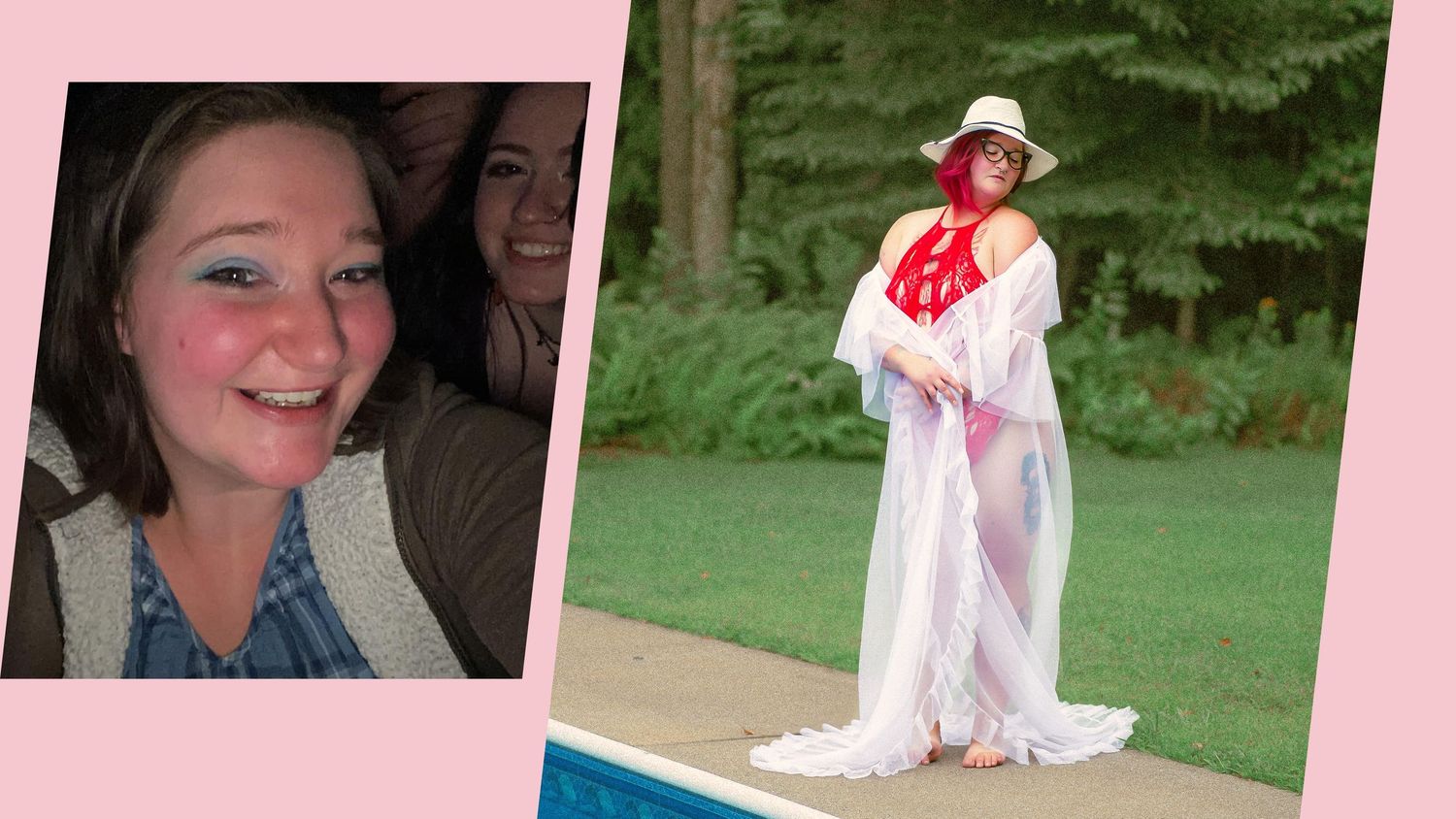 A collection of portrait photos arranged in a horizontal strip with a pink background.