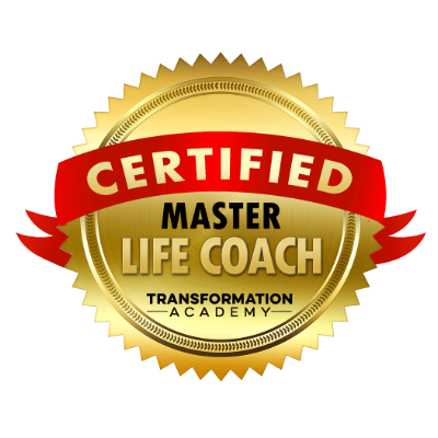 Gold certification badges and seals for life coaching and transformation academy with red ribbon accents.