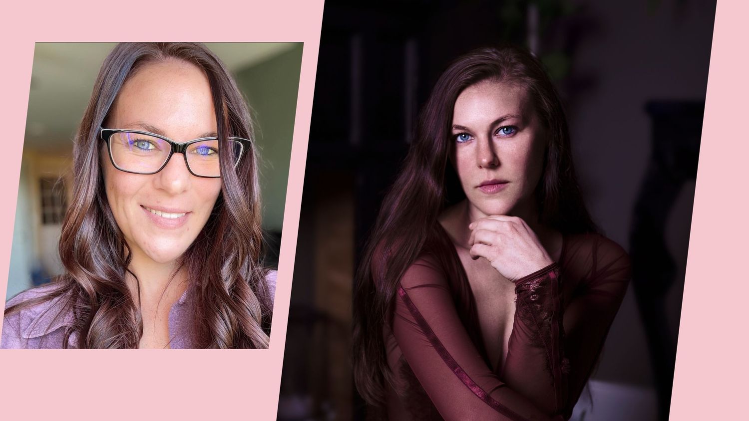 A collage of portrait photos arranged in a horizontal strip with a pink background.