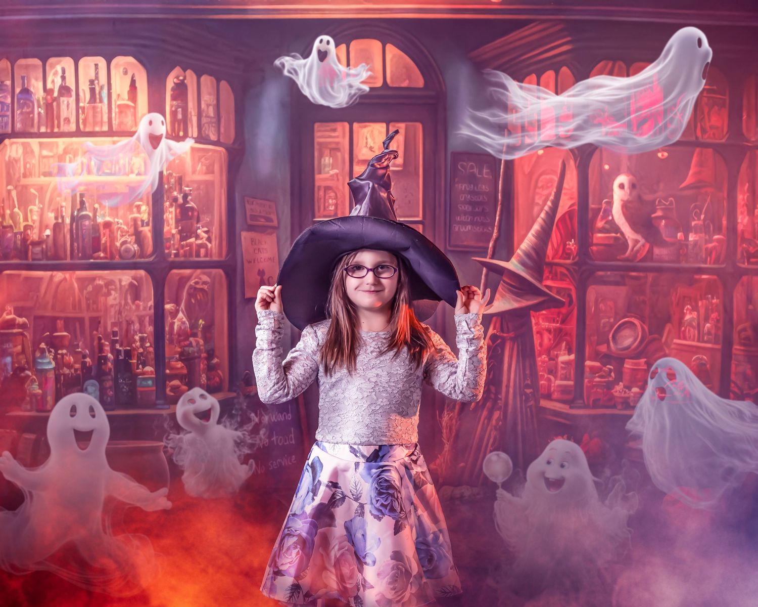 Spooky Halloween haunted house scene with red lighting, fog effects and ghostly figures in period costumes.