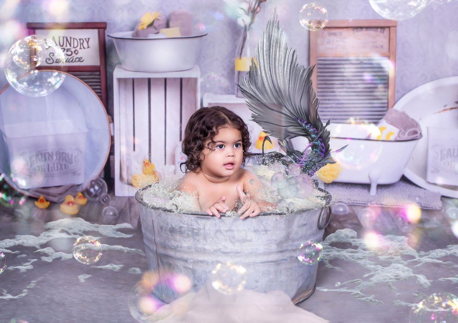 Whimsical tea party scene with silver teapots and floating butterflies in soft purple lighting.