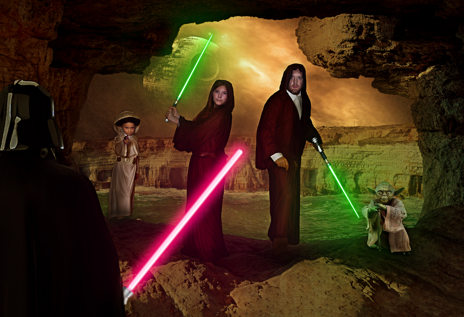A sequence of lightsaber duels at night showing glowing red and green blades in action.