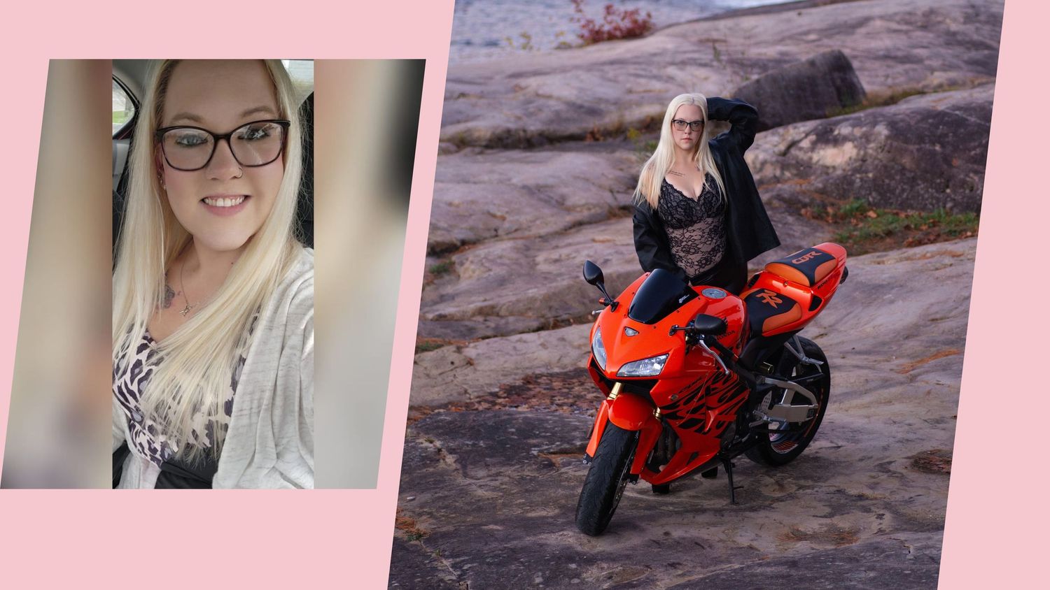 A bright red sports motorcycle displayed on rocky terrain with selfie portrait in corner.