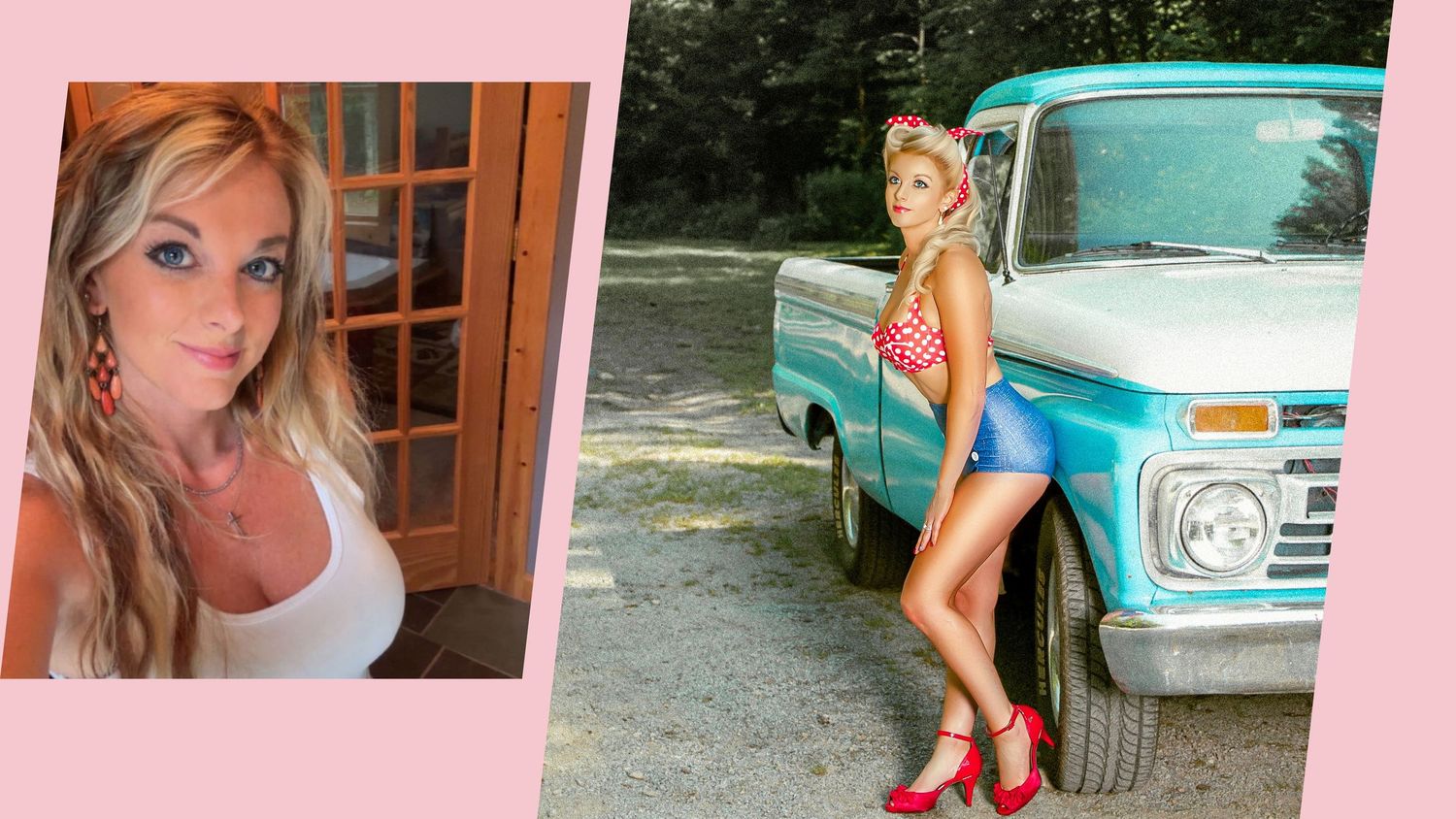 A collage of retro-styled photos featuring a classic turquoise car and vintage fashion aesthetics in pink-tinted frames.