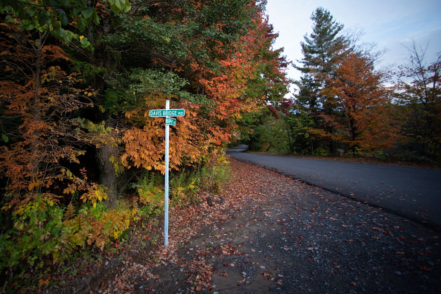 Autumn road scenes with street signs and colorful fall foliage in rural setting.