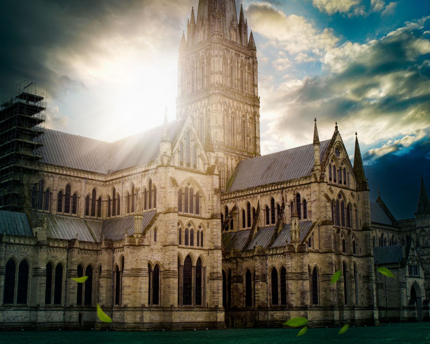 Panoramic view of Salisbury Cathedral's Gothic architecture with dramatic cloudy sky and sunlight in England.