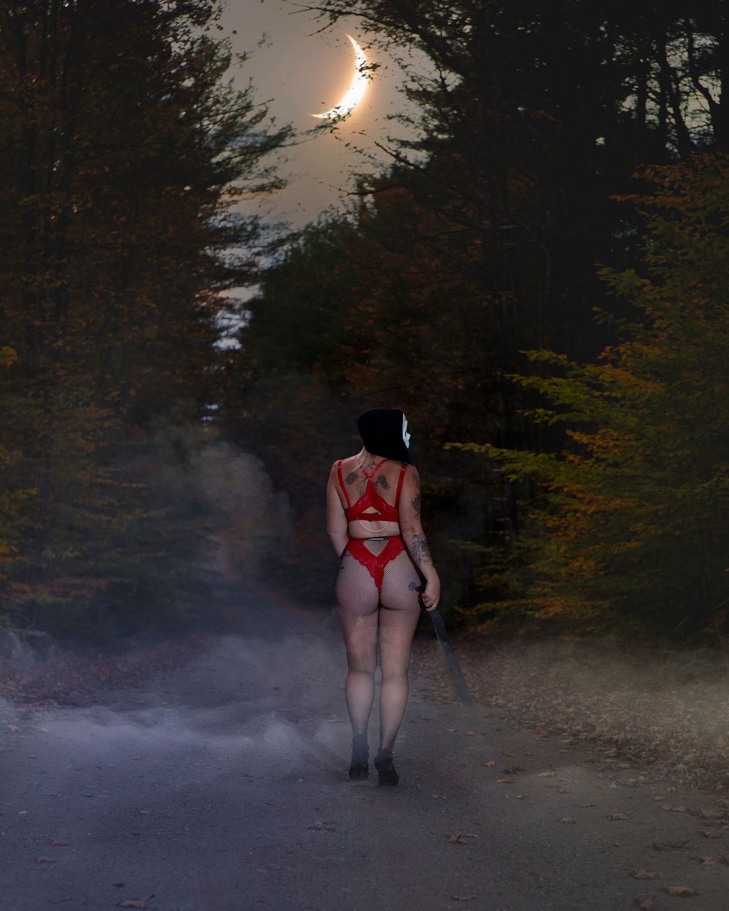 Misty forest scene with red accents and atmospheric fog effects.