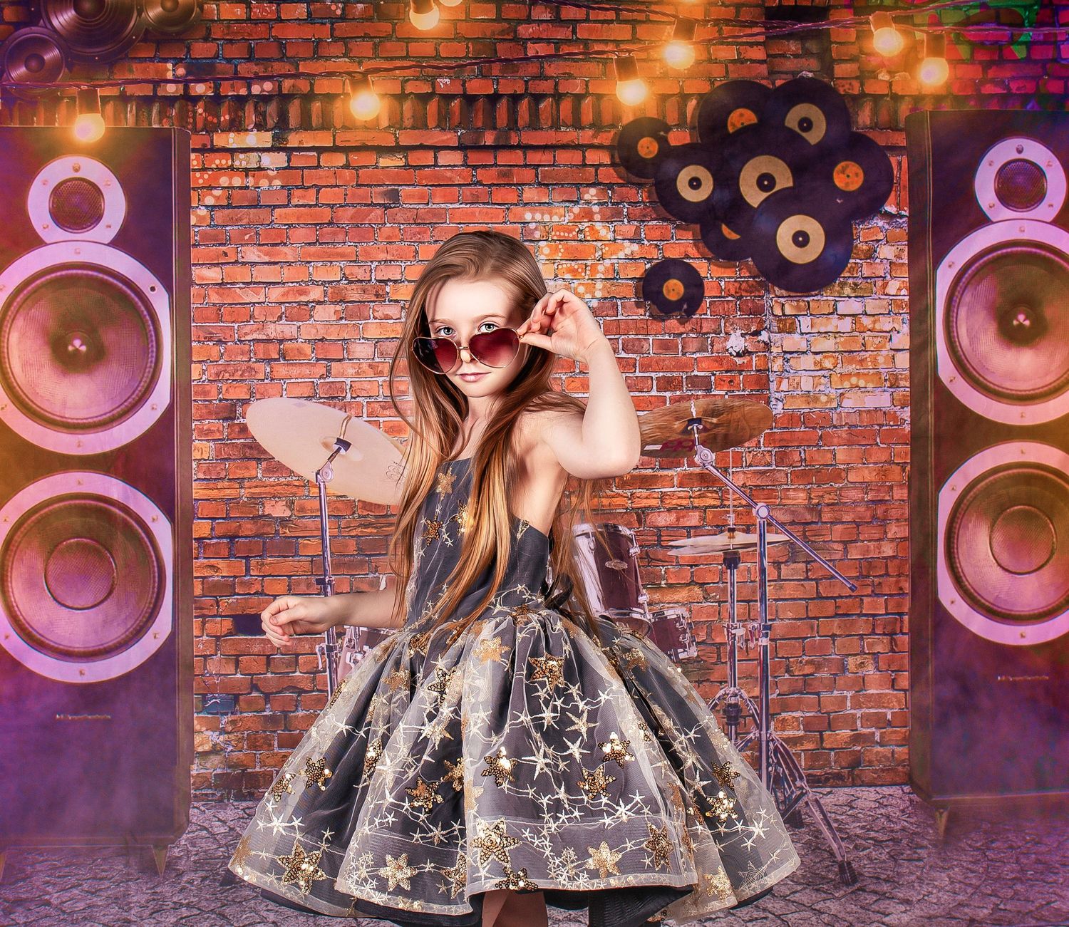 Sparkly dress photoshoot with brick walls and speakers in a nightclub setting.