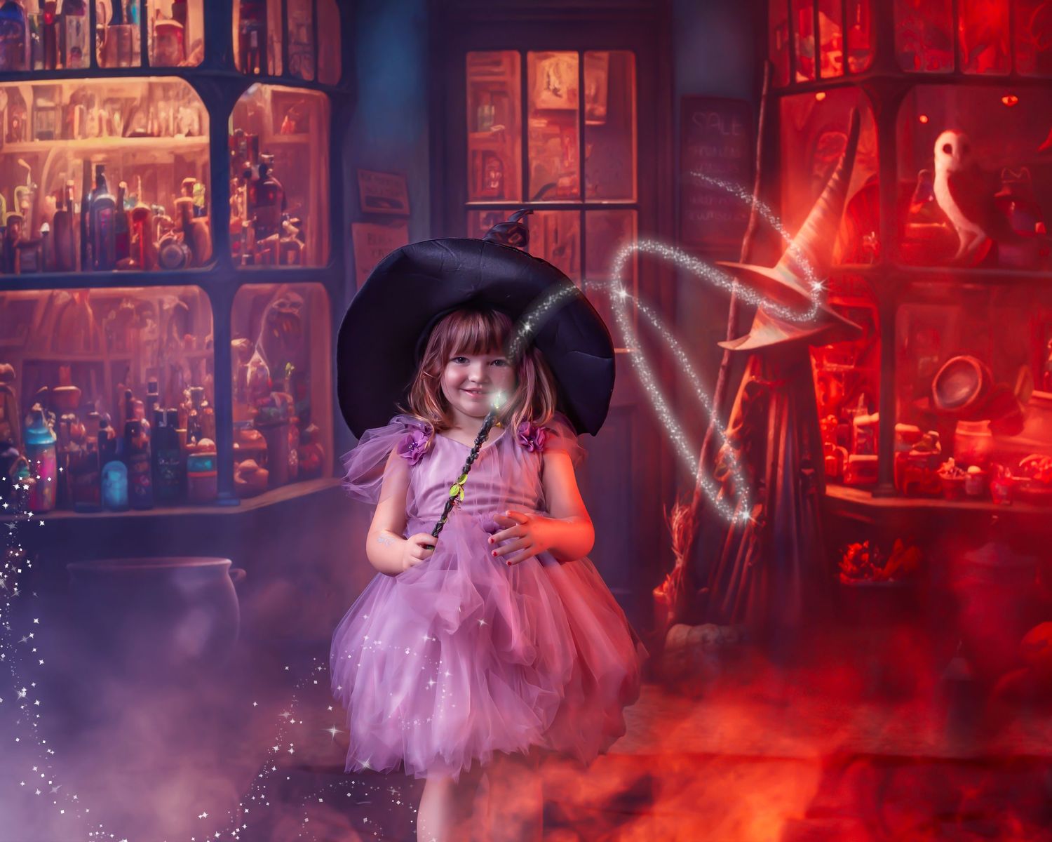 A person in a pink tutu dress dances in a dark room illuminated by dramatic red lighting and magical sparkles.