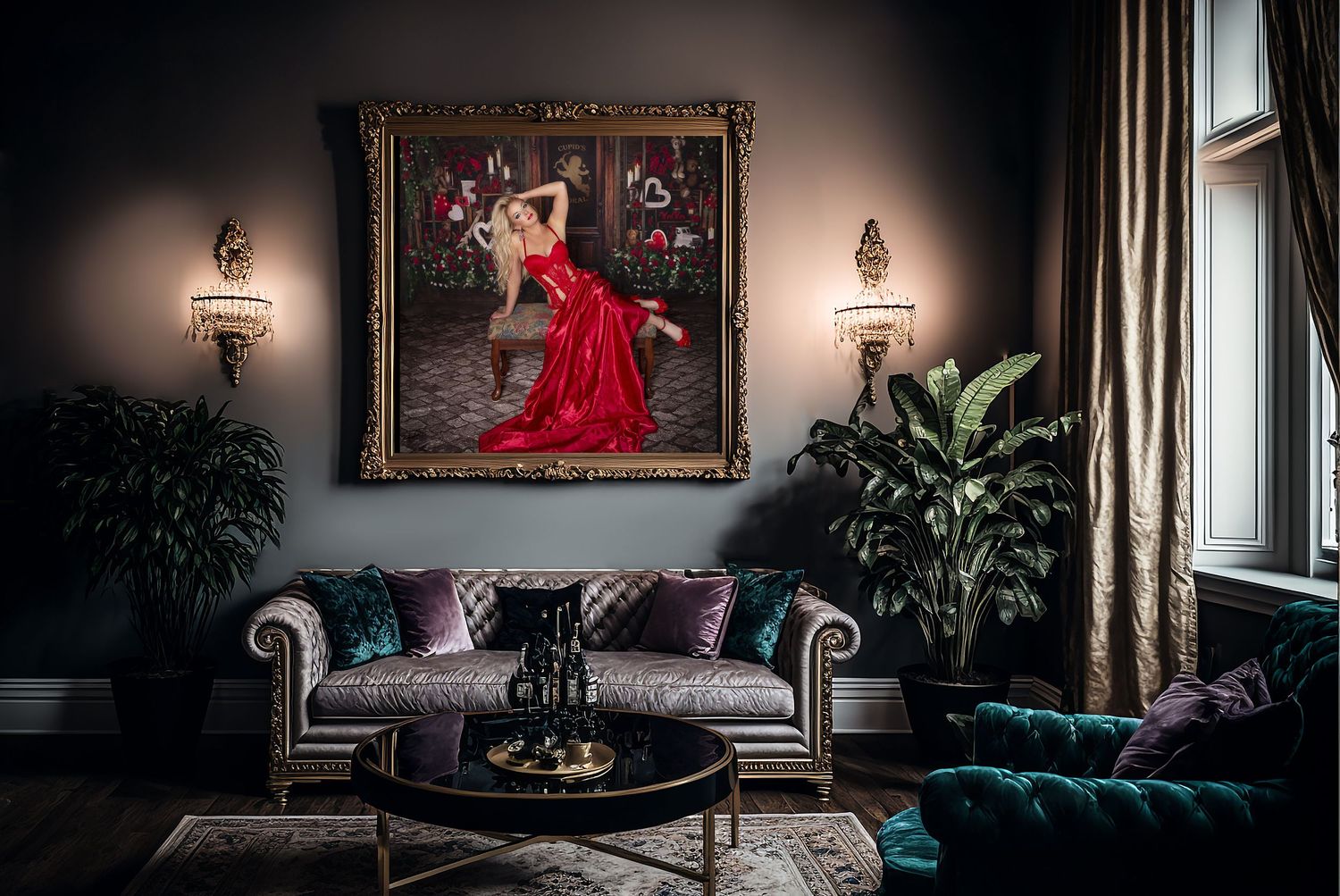 Elegant dark interior with vintage furniture and moody lighting features deep teal velvet sofa and ornate wall art.