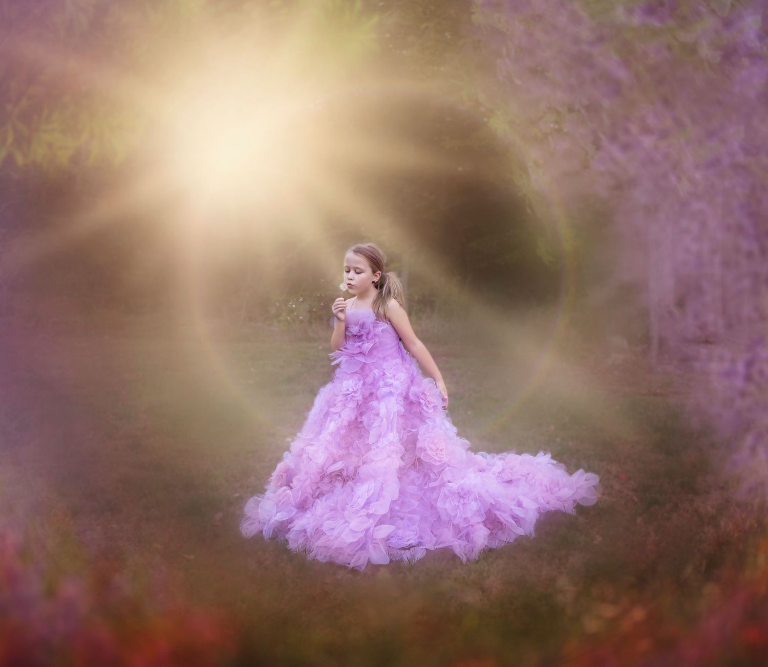 A dreamy scene shows a figure in a flowing lavender gown surrounded by ethereal light and purple blooms.