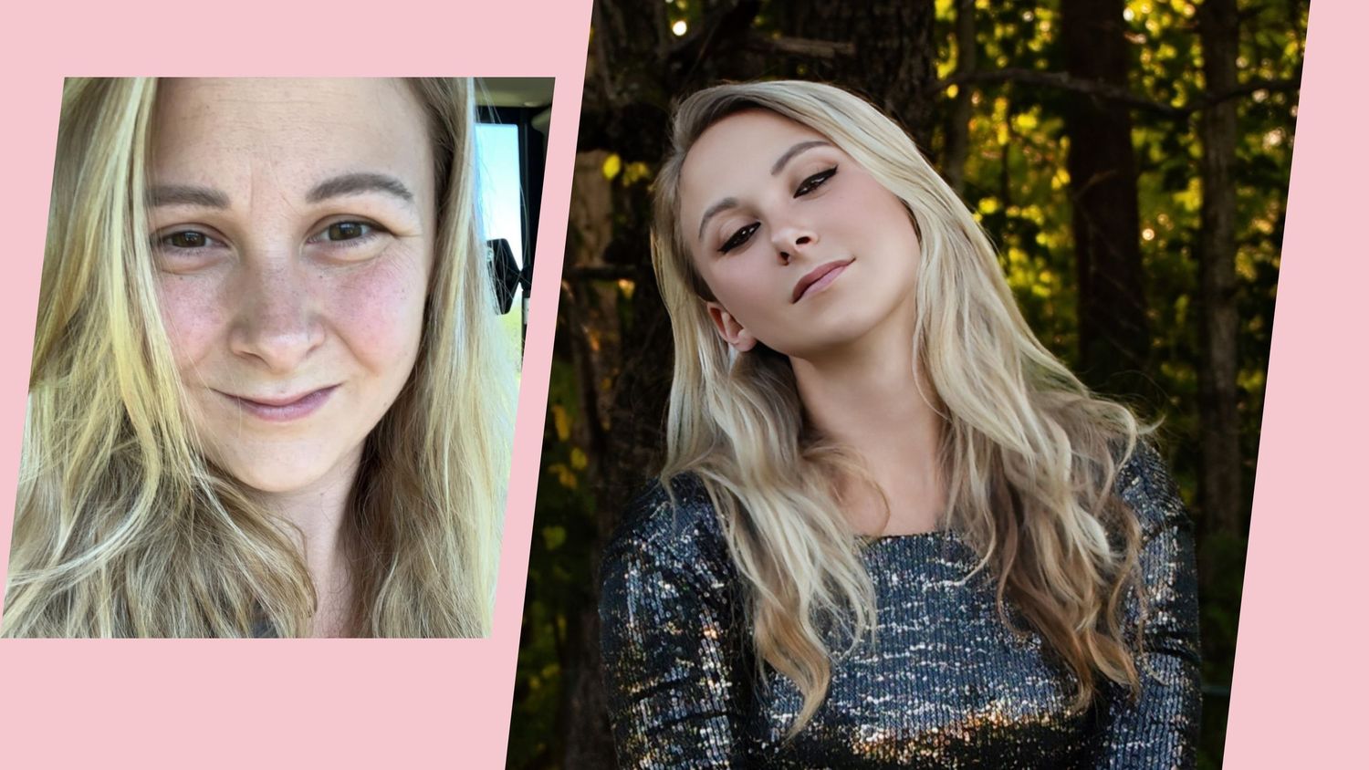 Two side-by-side selfie portraits of a blonde woman, one casual and one glamorous in nature setting.